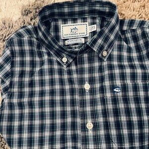 New Southern Tide Boys Navy & Green Checkered plaid Shirt 4-5 XS